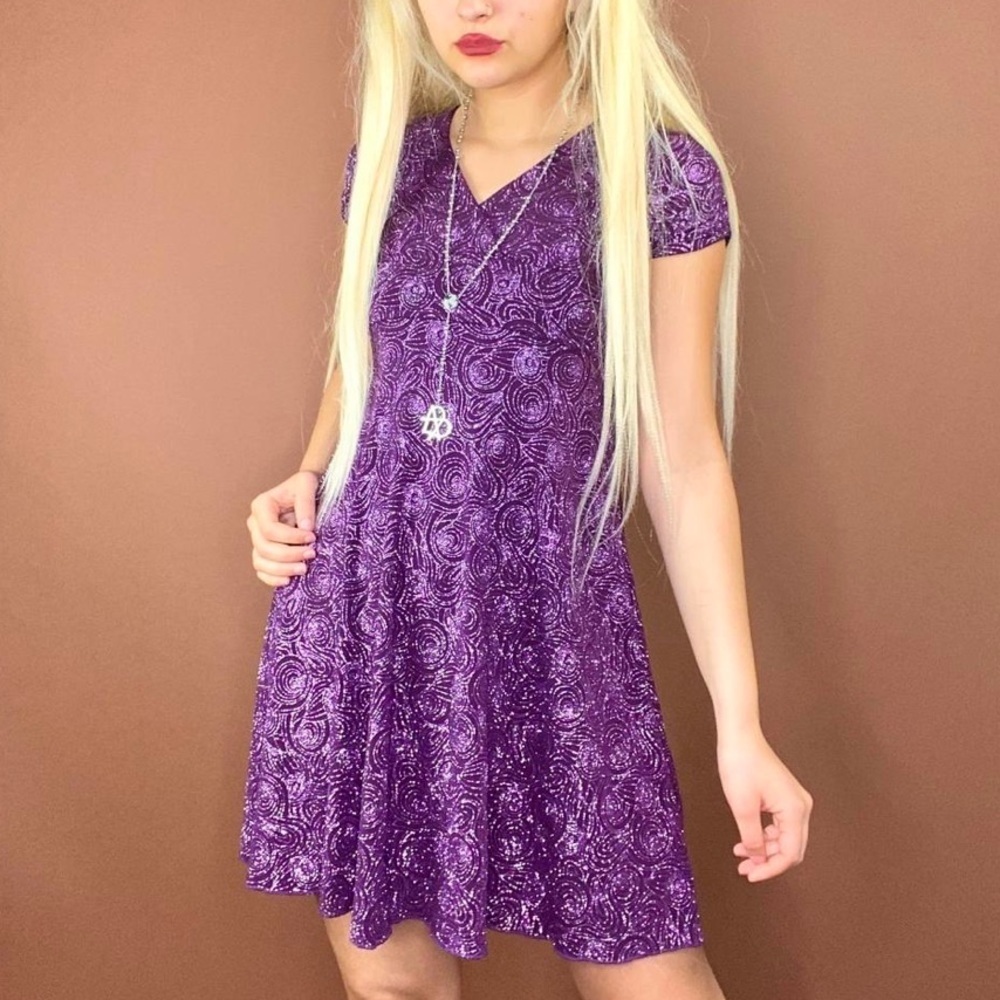 PURPLE SWIRL GLITTER SPARKLY WHIMSIGOTH PSYCHEDELIC TIE UP WAIST MINI DRESS - Picture 8 of 10